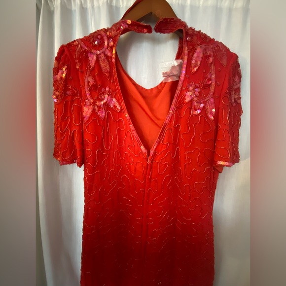 Beaded Red 80’s style Dress with Shoulder Pads Silky Nights New York - Picture 9 of 13